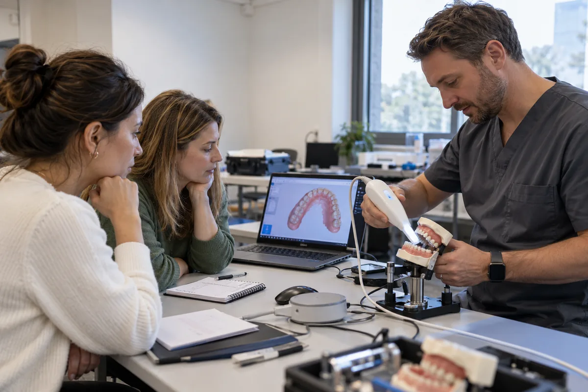 Demonstração de scanner intraoral acompanhada por participantes