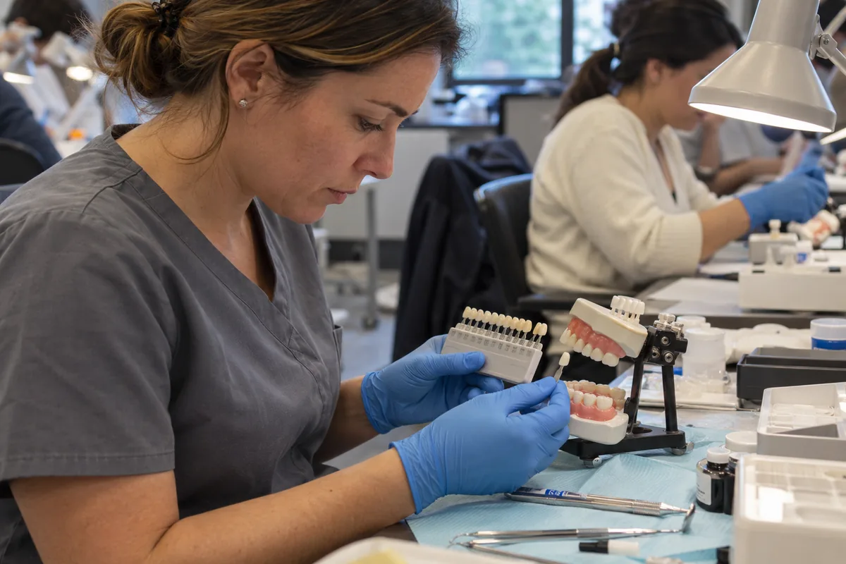 Participante a praticar seleção de cor num modelo dentário