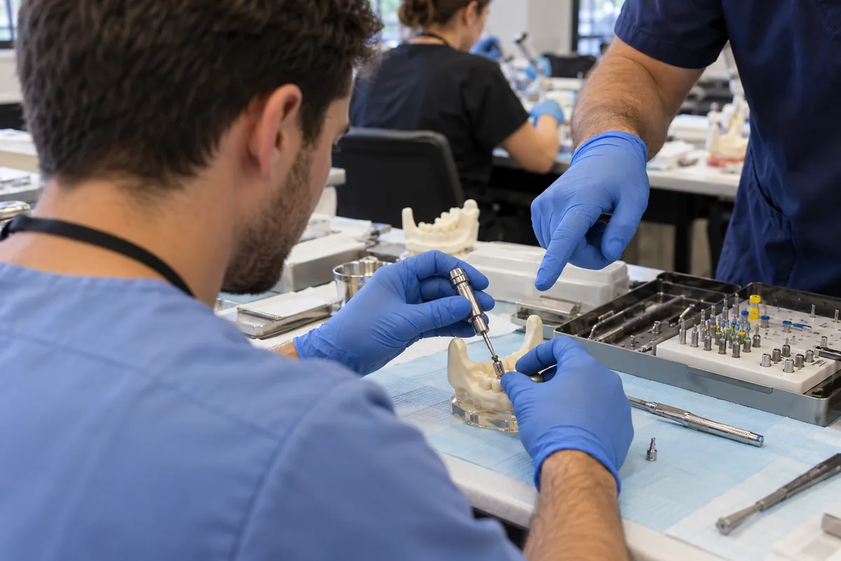 Participante acompanhado num exercício de implantologia em modelo